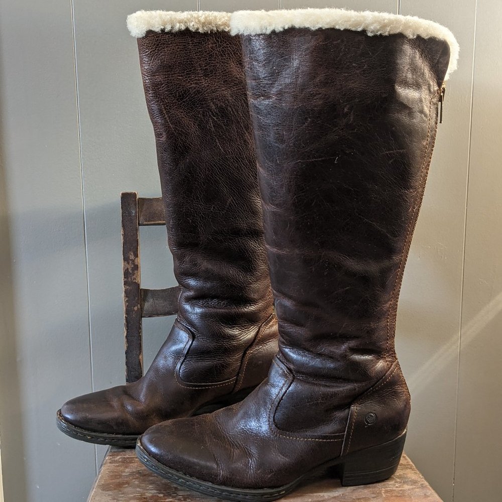 BORN Boots Dark Brown Leather & Lambs Fur Tall 9